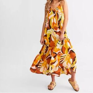 Billabong Yellow and Brown Spaghetti Strap Maxi Sundress, size M, worn once